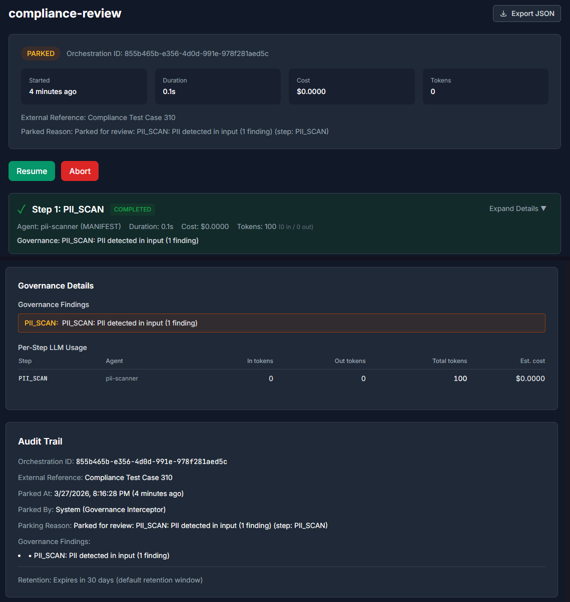 General Orchestrator Glass Box Dashboard showing a PARKED orchestration with PII detection, execution timeline, Governance Details panel, per-step LLM usage table, and Audit Trail